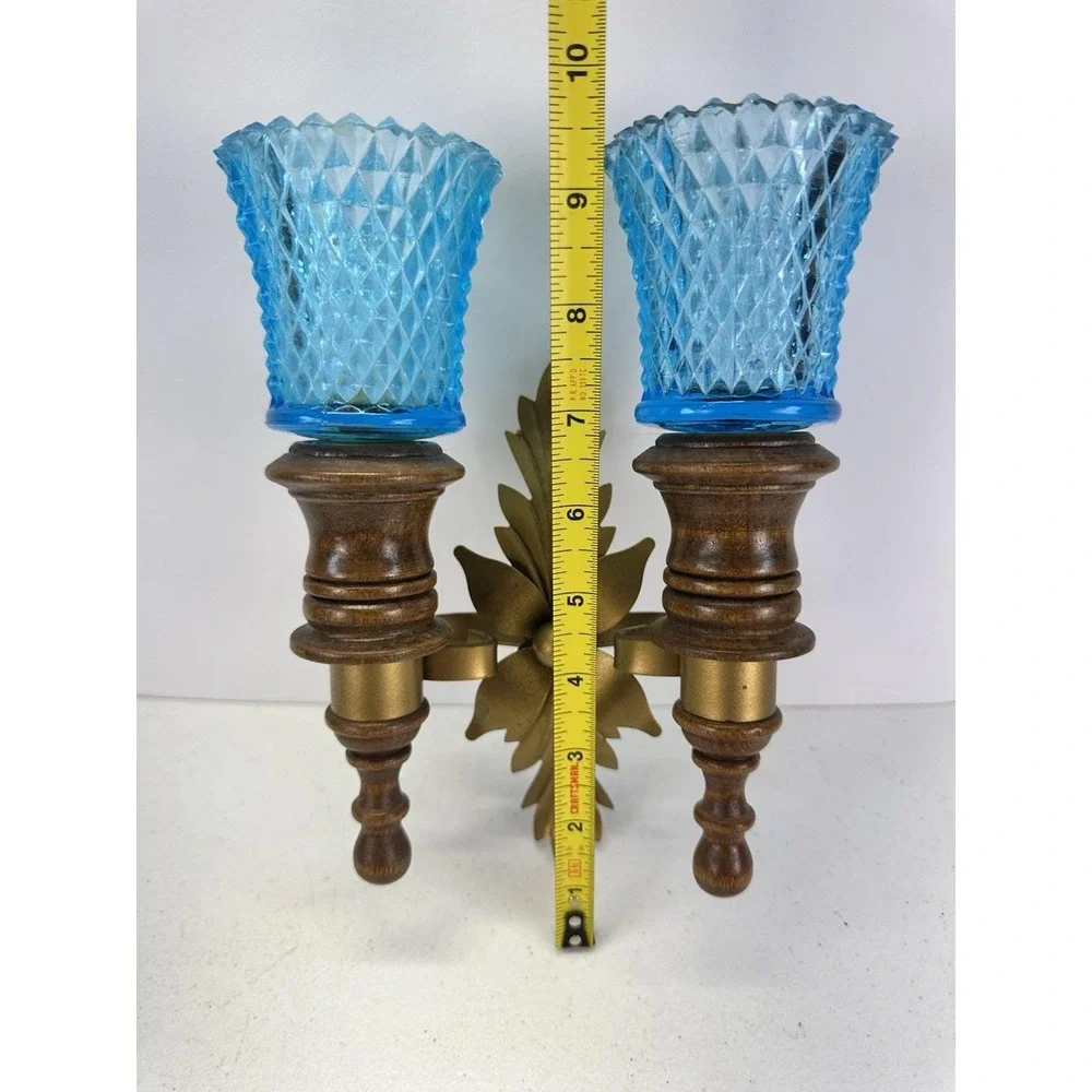 Vintage HTF BLUE Glass Double Wall Candle Sconce Wood Gold Metal 1960s